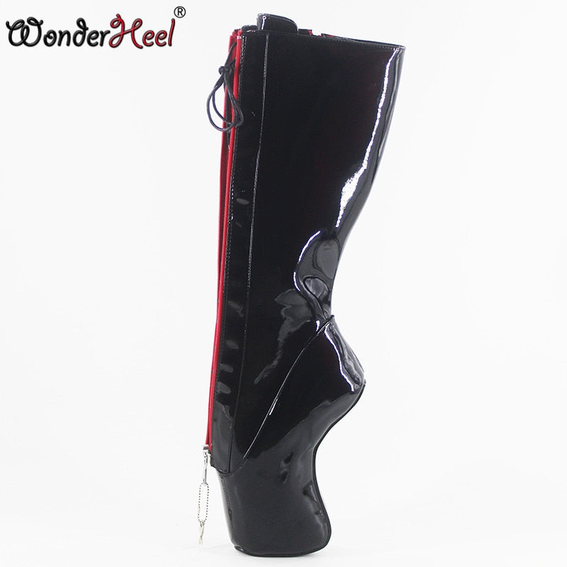 Wonderheel new extreme high heel 7" curved heel double locked zipper patent sexy fetish inner lacing up knee high ballet boots