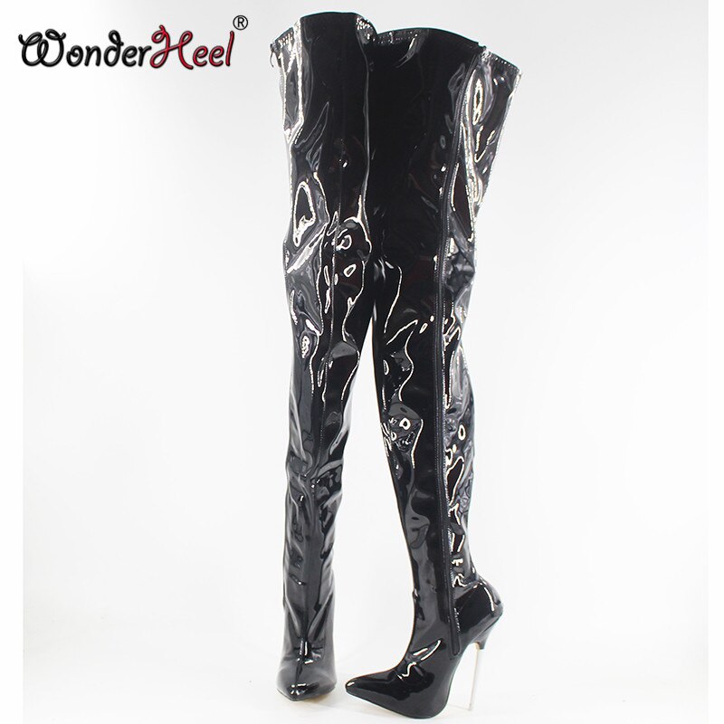 Wonderheel over knee high boots appr. 16cm thin heel pointed toe sexy black patent stiletto metal heel sexy fetish Crotch boots