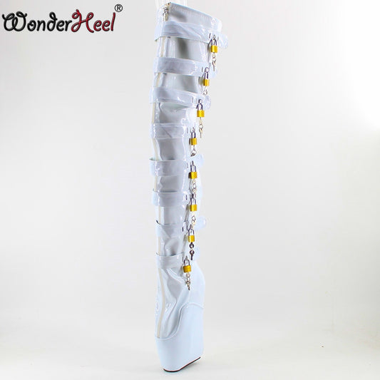 Wonderheel New Locked zipper high heel 7" wedges heel ballet thigh high boots sexy buckles straps lock padlocks over knee boots