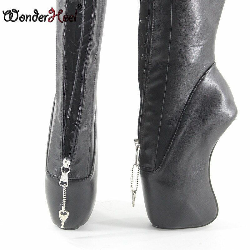 Wonderheel New Extreme High Heel 18cm Curved Heel YKK Locked Zipper Matte Black Sexy Fetish Inner Lacing Knee High Ballet Boots