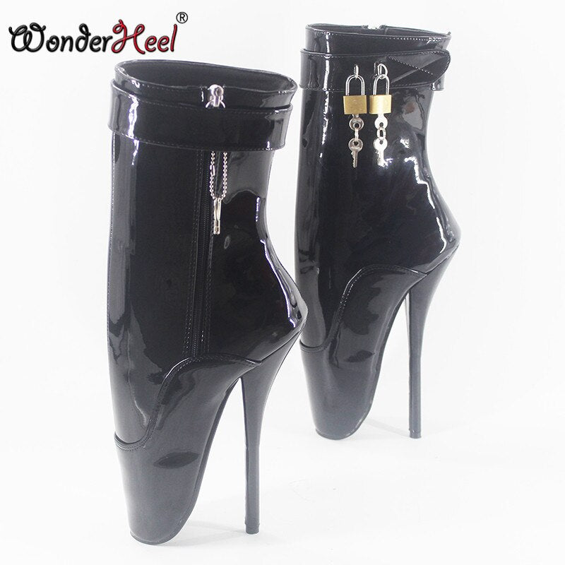 Wonderheel 7" stiletto heel black patent sexy fetish ankle ballet boots sexy lockable zipper party women padlocks ballet shoes