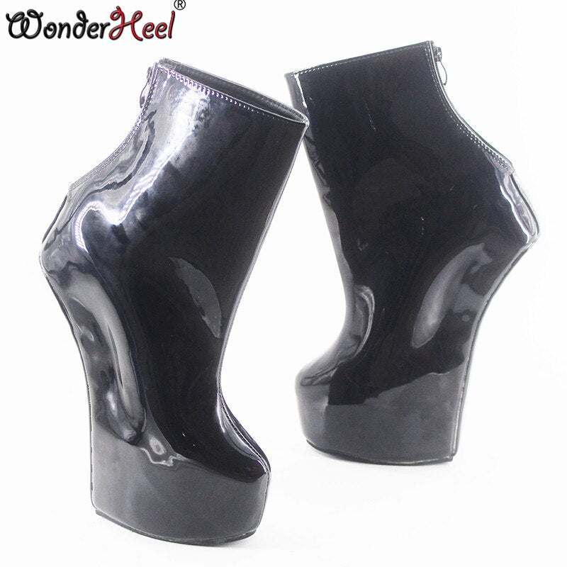 Wonderheel ankle boots 8" heel pink patent back zipper Fetish Heelless Horse Ponying Stallion Hoof Sole Platform fashion boots