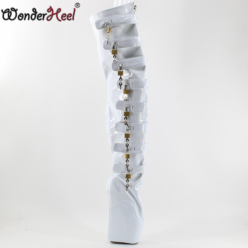 Wonderheel New Locked zipper high heel 7" wedges heel ballet thigh high boots sexy buckles straps lock padlocks over knee boots