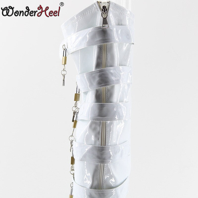 Wonderheel New Locked zipper high heel 7" wedges heel ballet thigh high boots sexy buckles straps lock padlocks over knee boots