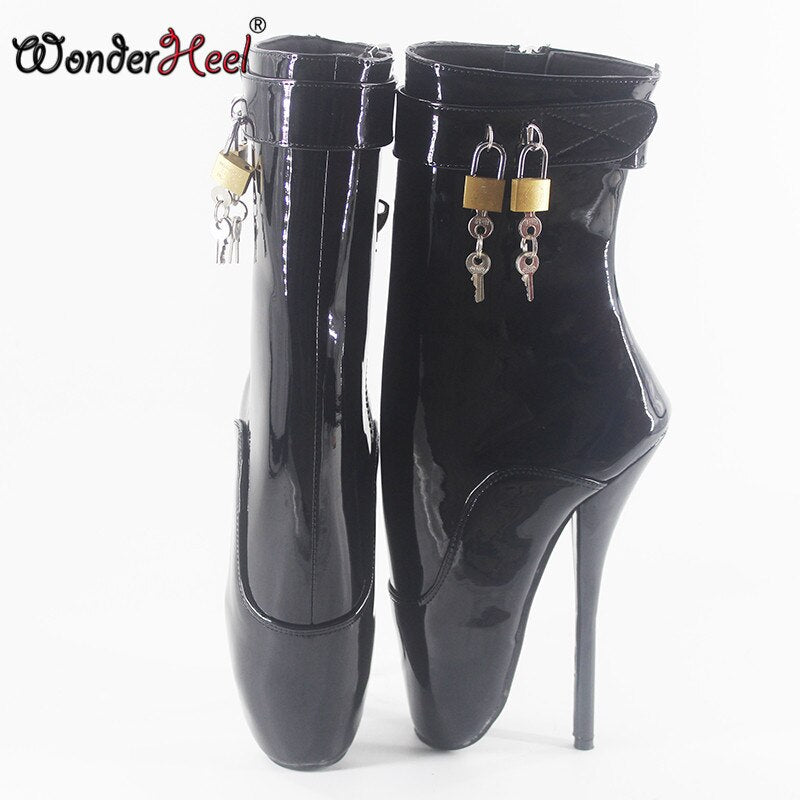 Wonderheel 7" stiletto heel black patent sexy fetish ankle ballet boots sexy lockable zipper party women padlocks ballet shoes