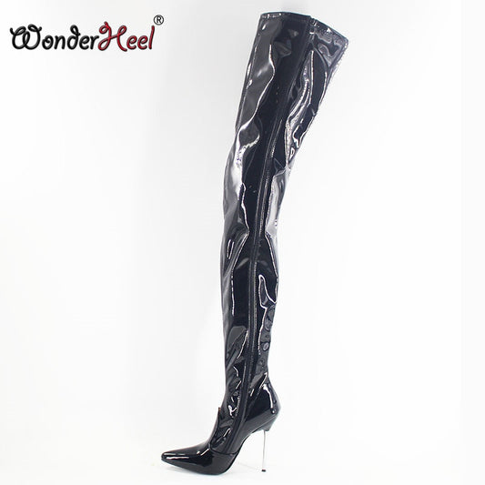 Wonderheel Extreme high heel 12cm metal heel pointed toe patent over knee boots thigh high boots sexy fetish unisex crotch boots