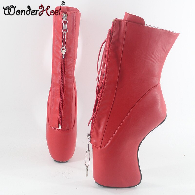 Wonderheel Extreme High Heel 7" Wedges Heel YKK Locked Zipper Red Matte Sexy Fetish Lace Up Curved Heel Ankle Ballet Boots