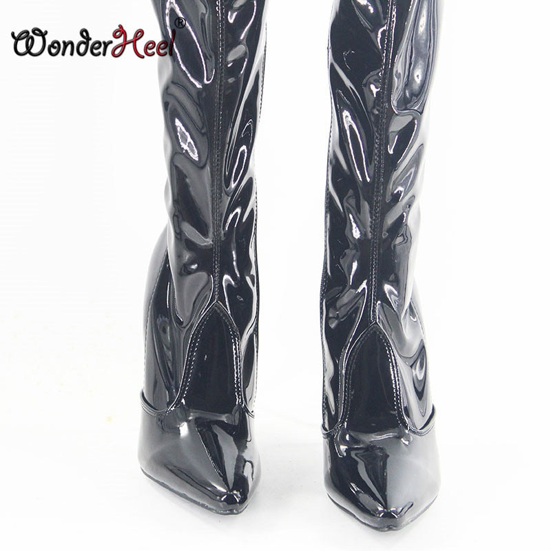 Wonderheel Extreme high heel 12cm metal heel pointed toe patent over knee boots thigh high boots sexy fetish unisex crotch boots