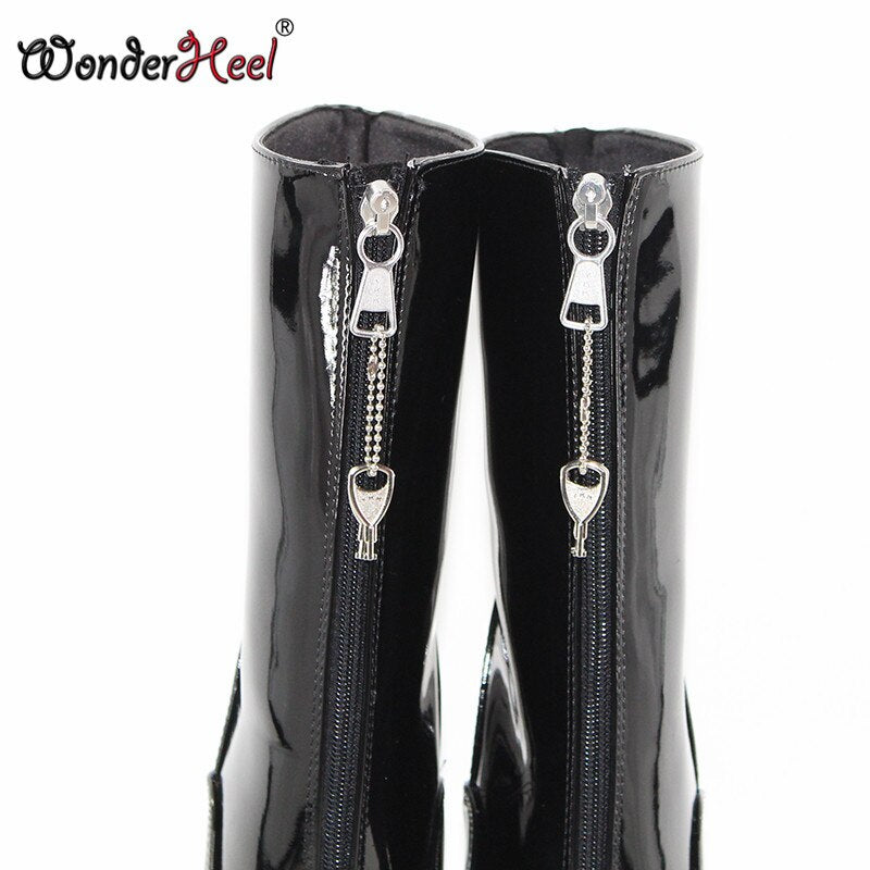 Wonderheel New 7" stiletto heel black patent sexy fetish ankle ballet boots sexy party lockable zipper women ballet shoes