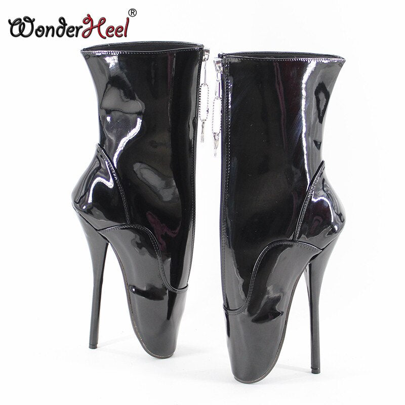 Wonderheel New 7" stiletto heel black patent sexy fetish ankle ballet boots sexy party lockable zipper women ballet shoes