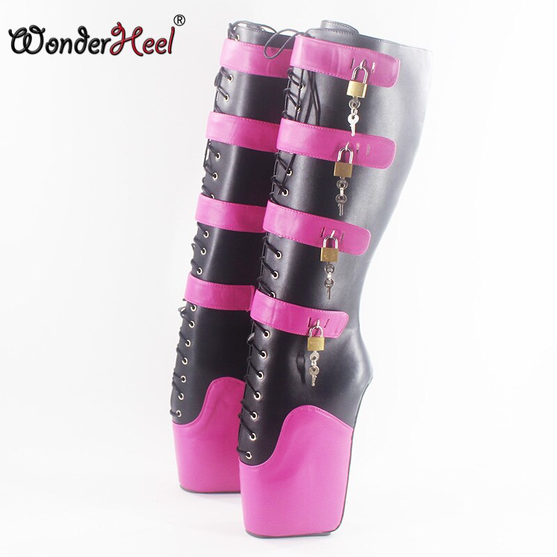 Wonderheel new ultra high heel 7" wedges heel Knee high Boots sexy fetish matte leather locked padlocks ballet boots