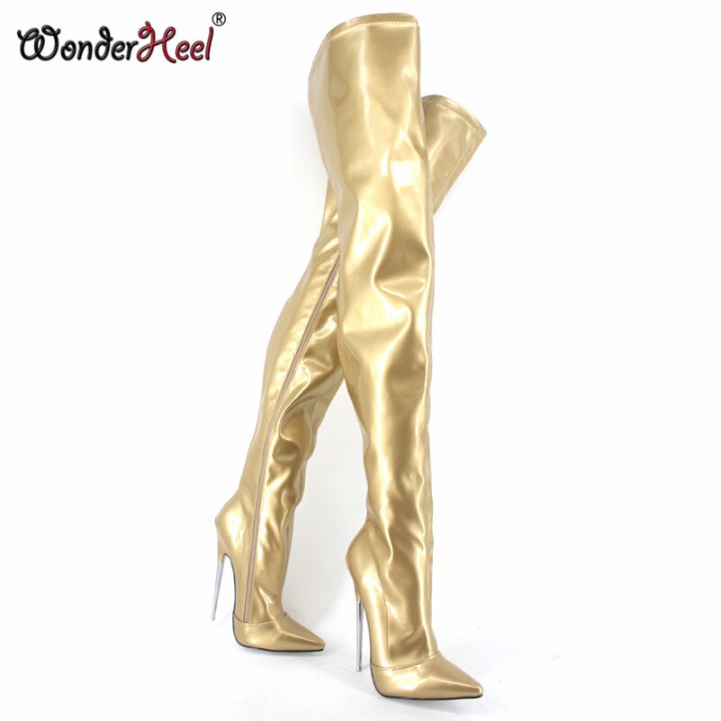 Wonderheel New extreme high heel appr.18cm/7'' heel pointed toe sexy patent leather stiletto metal heel sexy fetish Crotch boots