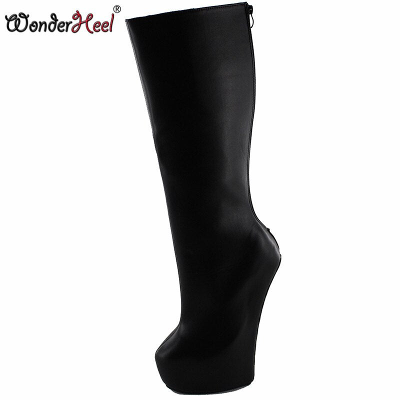 Wonderheel Knee High boot 8" heel matt leather Fetish Heelless strange style ponying heel back zipper Platform fashion boots