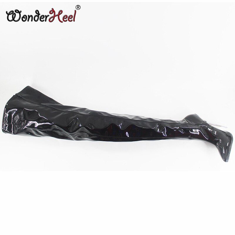 Wonderheel over knee high boots appr. 16cm thin heel pointed toe sexy black patent stiletto metal heel sexy fetish Crotch boots