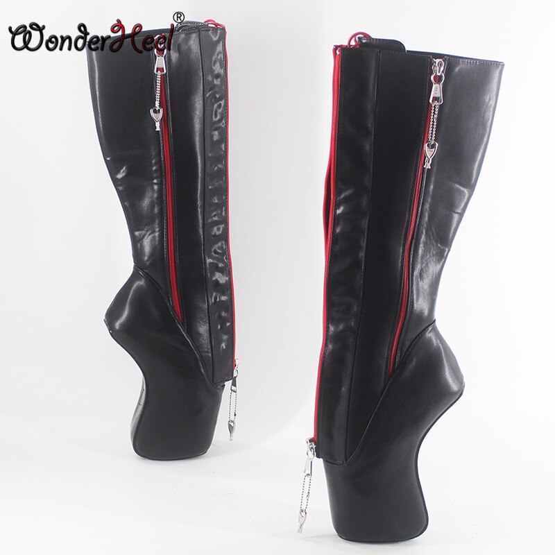 Wonderheel new extreme high heel 7" curved heel double locked zipper patent sexy fetish inner lacing up knee high ballet boots