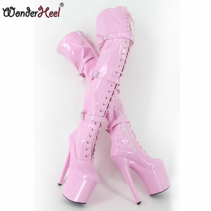 Wonderheel Extreme High Heel 20cm Heel with Platform Pink Patent Buckles Lace Up Over The Knee Sexy Fetish Thigh High Boots