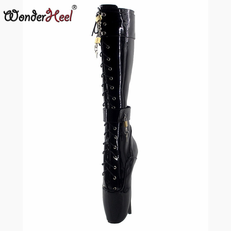 Wonderheel Ultra High Heel 18cm Stiletto Heel Black Lockable Padlocks Knee High Ballet Boots Sexy Fetish Women Fashion Shoes