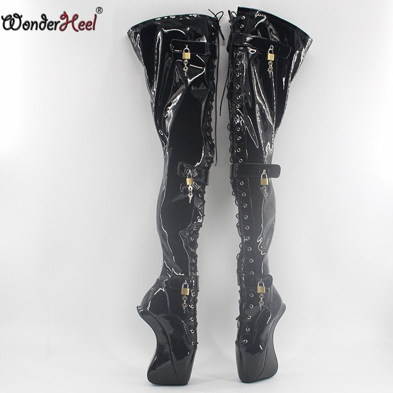 Wonderheel ultra high heel appr.7" curved heel ballet thigh high Boots sexy fetish high heel strange style padlocks crotch boots