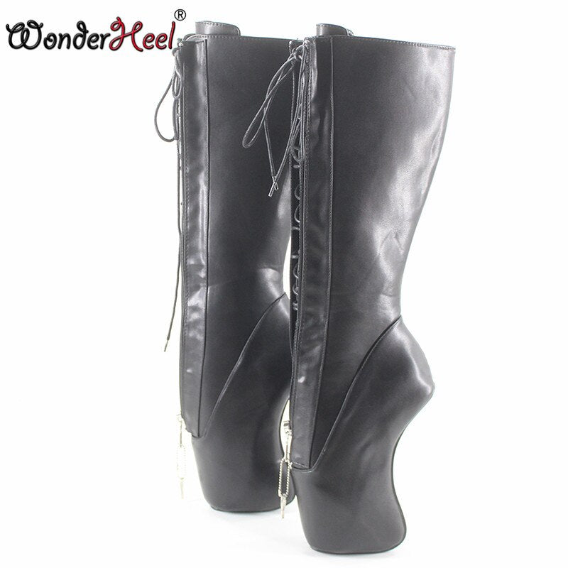 Wonderheel New Extreme High Heel 18cm Curved Heel YKK Locked Zipper Matte Black Sexy Fetish Inner Lacing Knee High Ballet Boots