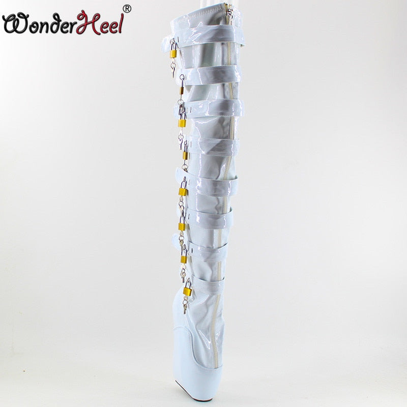 Wonderheel New Locked zipper high heel 7" wedges heel ballet thigh high boots sexy buckles straps lock padlocks over knee boots