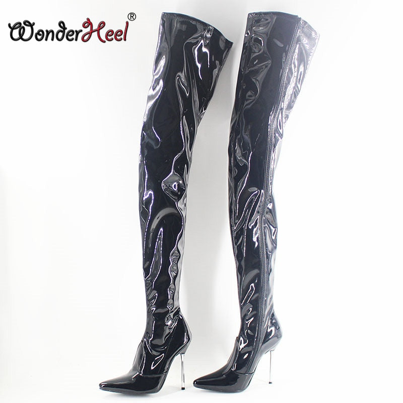 Wonderheel Extreme high heel 12cm metal heel pointed toe patent over knee boots thigh high boots sexy fetish unisex crotch boots