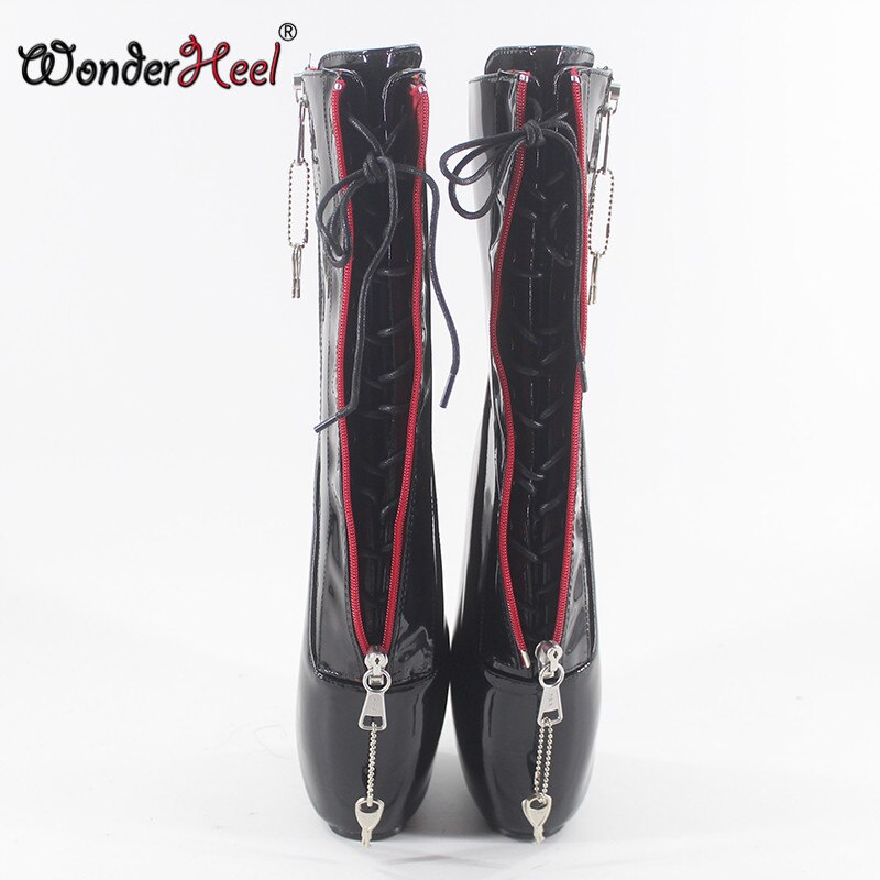 Wonderheel new super high heel 7" wedges heel double locked zipper black patent sexy fetish inner lace up ankle ballet boots