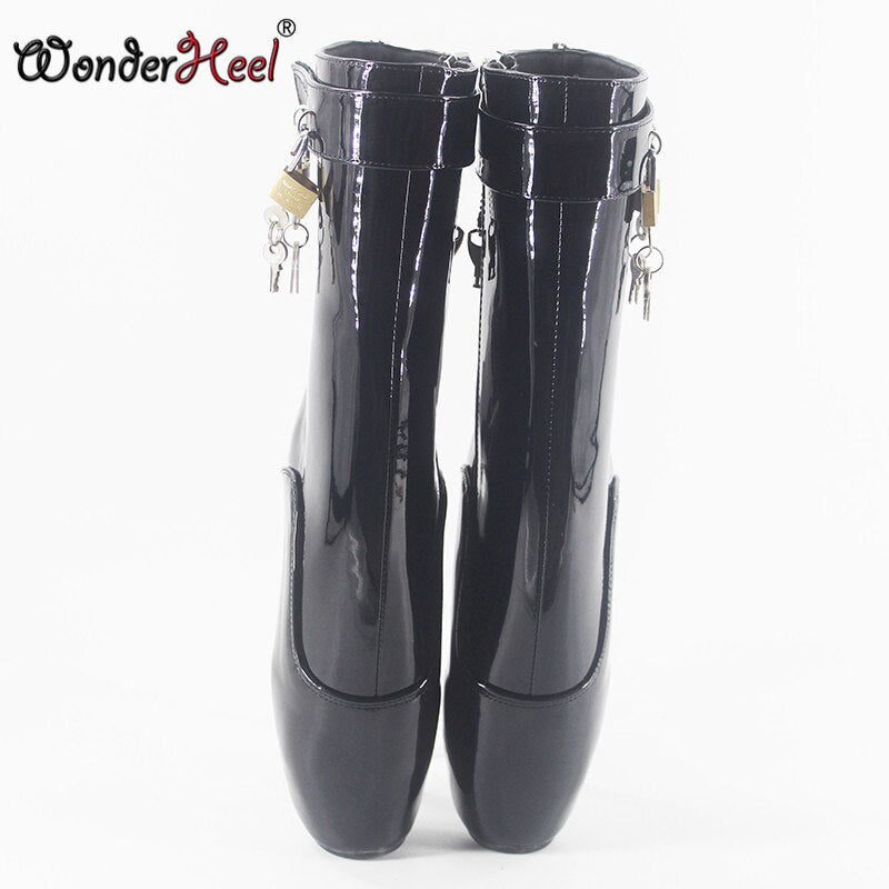 Wonderheel 7" stiletto heel black patent sexy fetish ankle ballet boots sexy lockable zipper party women padlocks ballet shoes