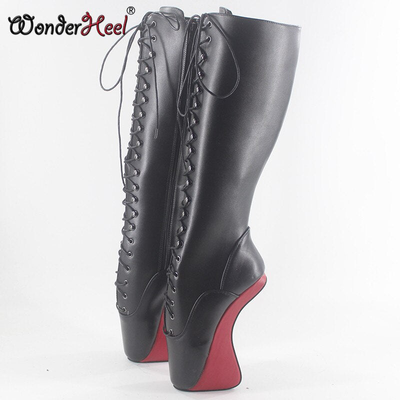 Wonderheel New super high heel 18cm wedges Ballet Knee high Boots sexy fetish matte curved heel  boots ballet show lace up boots