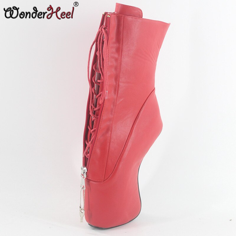 Wonderheel Extreme High Heel 7" Wedges Heel YKK Locked Zipper Red Matte Sexy Fetish Lace Up Curved Heel Ankle Ballet Boots