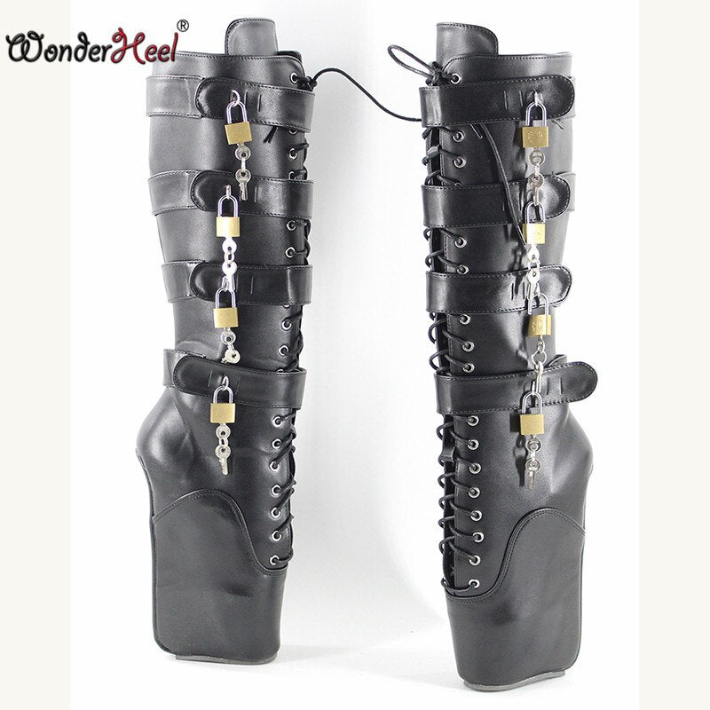 Wonderheel Sexy Ballet Shoes Ultra High Heel 7" Wedges Heel Knee High Boots Sexy Fetish Matte Black Locked Padlocks Ballet Boots