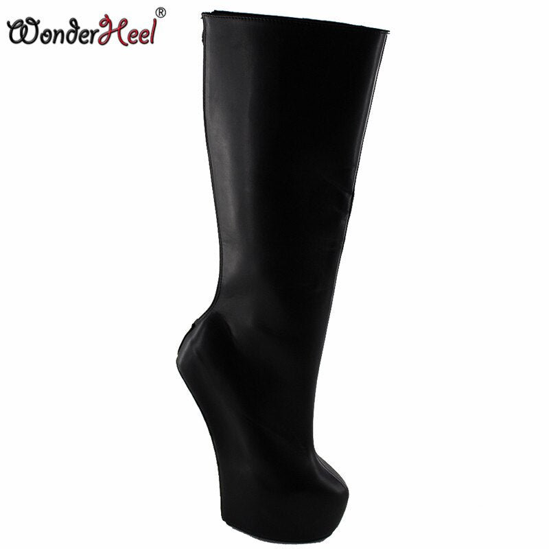 Wonderheel Knee High boot 8" heel matt leather Fetish Heelless strange style ponying heel back zipper Platform fashion boots