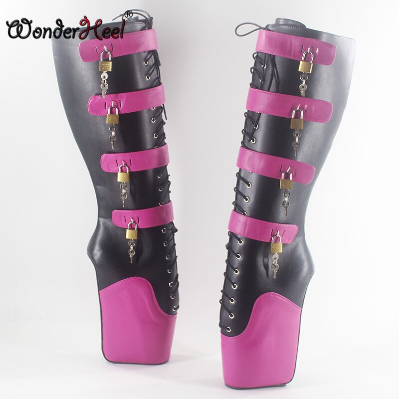 Wonderheel new ultra high heel 7" wedges heel Knee high Boots sexy fetish matte leather locked padlocks ballet boots