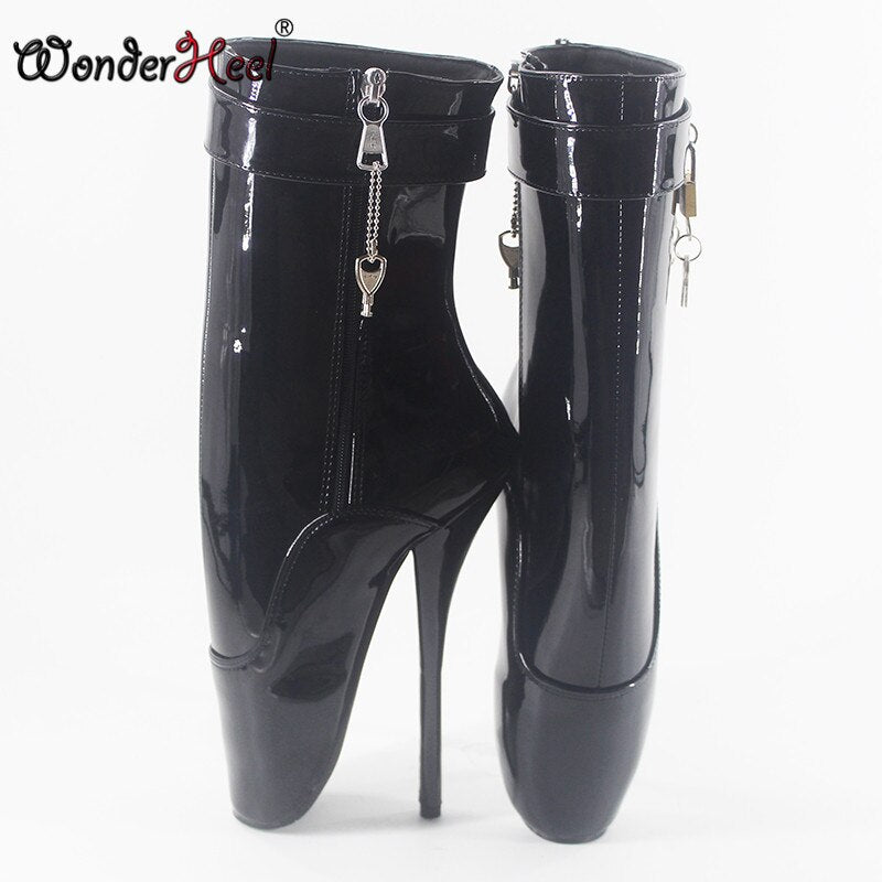 Wonderheel 7" stiletto heel black patent sexy fetish ankle ballet boots sexy lockable zipper party women padlocks ballet shoes