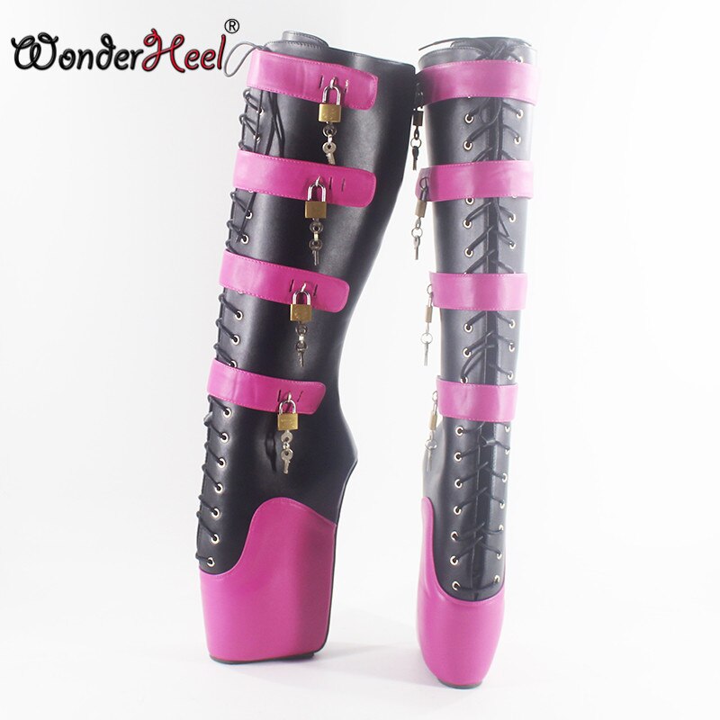 Wonderheel new ultra high heel 7" wedges heel Knee high Boots sexy fetish matte leather locked padlocks ballet boots