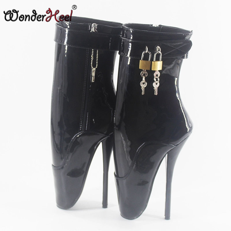 Wonderheel 7" stiletto heel black patent sexy fetish ankle ballet boots sexy lockable zipper party women padlocks ballet shoes