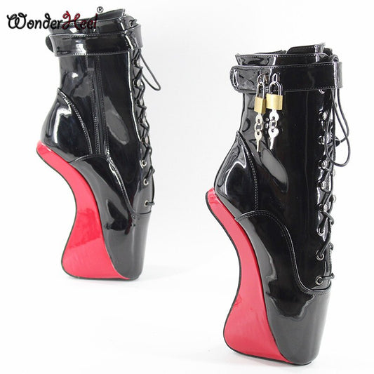 Wonderheel 7" Red Wedges Heel Sexy Fetish High Heel Black Patent Ballet Show Locked Padlocks Boots