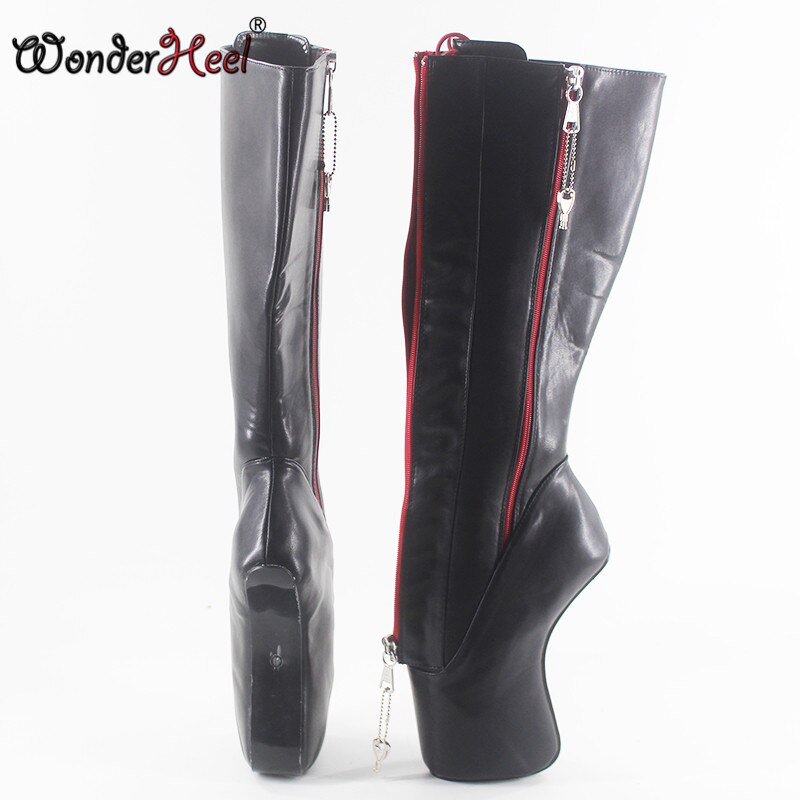 Wonderheel new extreme high heel 7" curved heel double locked zipper patent sexy fetish inner lacing up knee high ballet boots