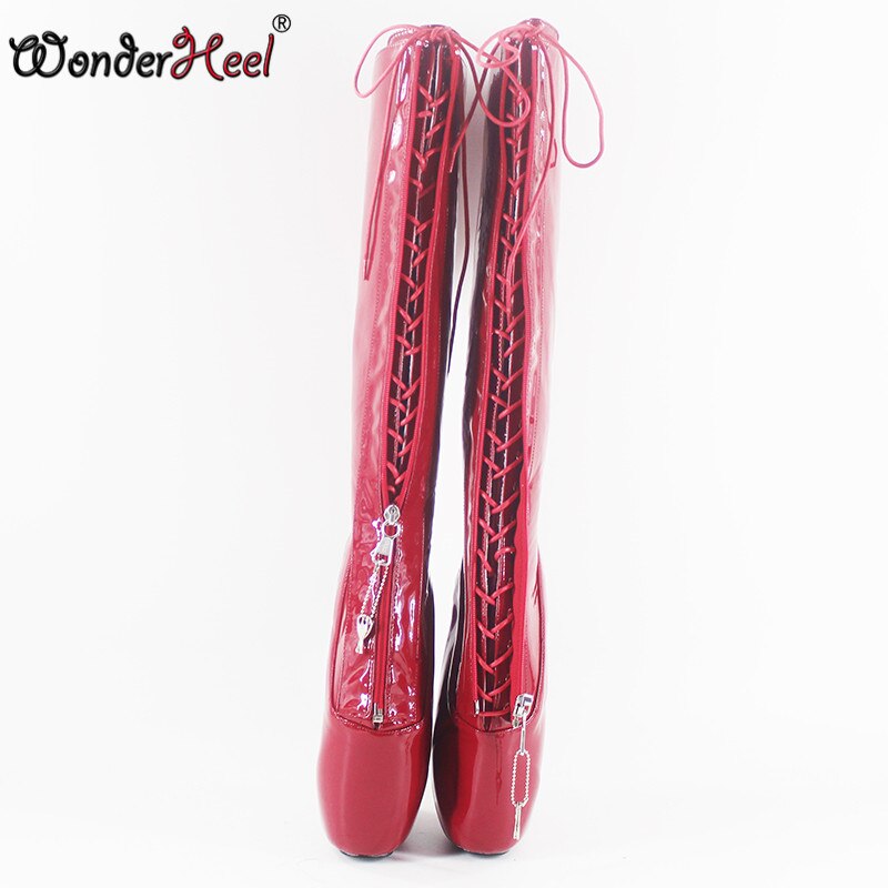 Wonderheel new ultra high heel 7" curved heel locked zipper red patent sexy fetish strange style lace up knee high ballet boots