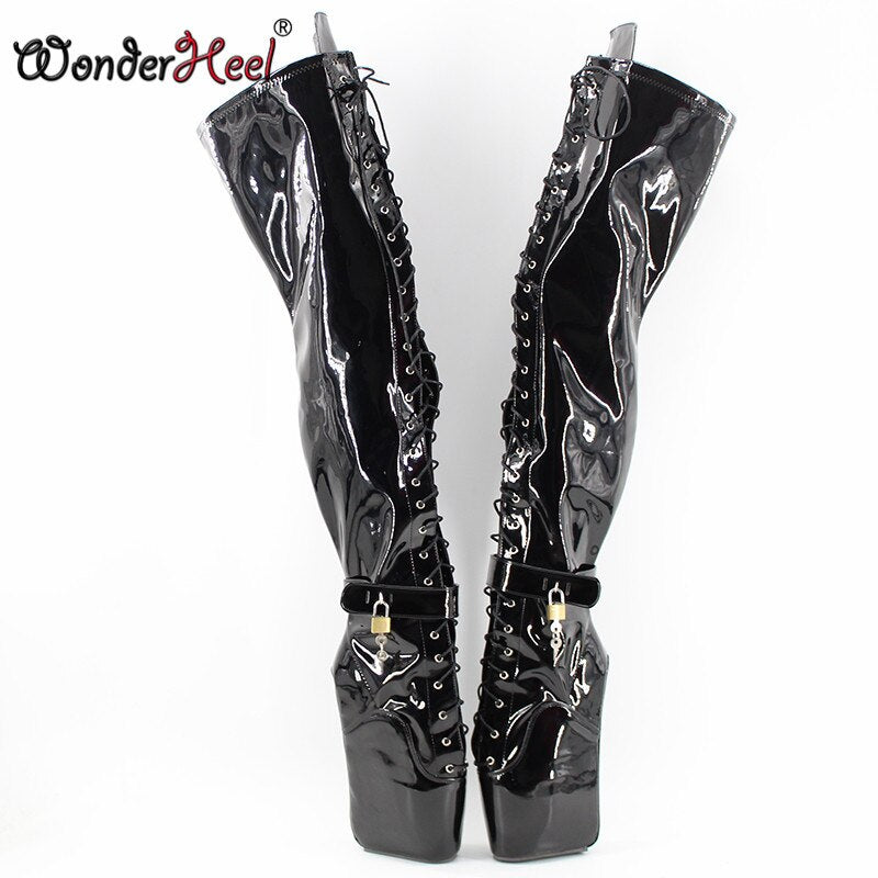 Wonderheel extreme high heel 7" wedges heel ballet thigh high boots sexy high heels lacing black shiny padlocks over knee boots