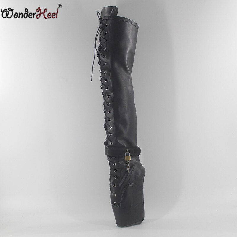 Wonderheel extreme high heel 7" wedges heel ballet thigh high boots sexy high heels lacing black shiny padlocks over knee boots