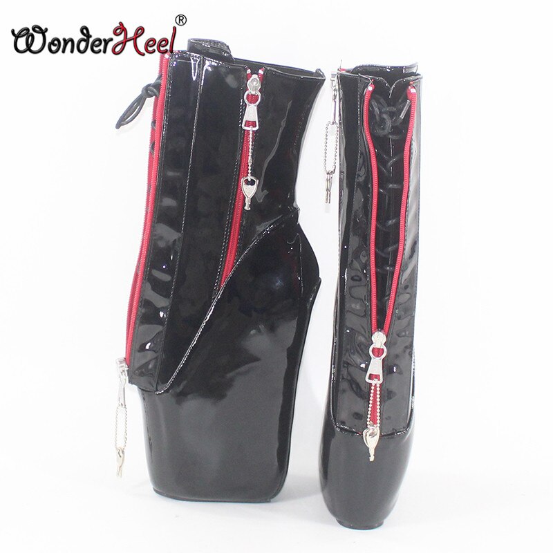 Wonderheel new super high heel 7" wedges heel double locked zipper black patent sexy fetish inner lace up ankle ballet boots