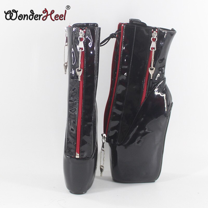 Wonderheel new super high heel 7" wedges heel double locked zipper black patent sexy fetish inner lace up ankle ballet boots