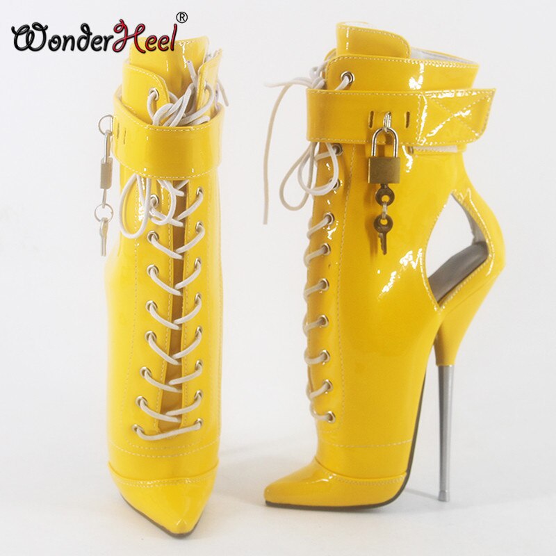 Wonderheel 2020 New 7" stiletto heel patent leather sexy fetish ankle ballet boots PVC locked padlocks women ballet shoes