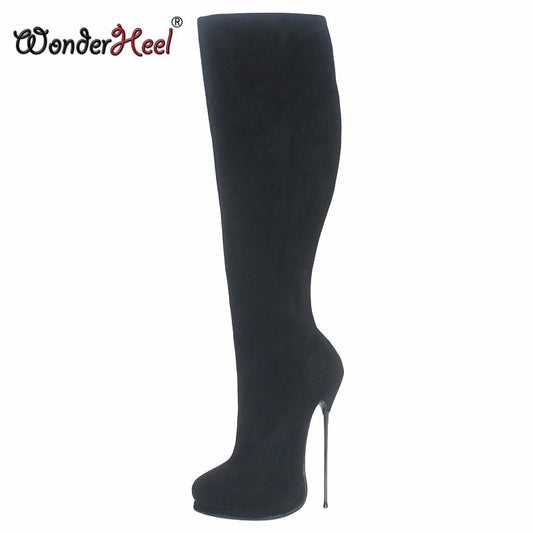 Wonderheel New 16cm Ultra Thin Metal heel Platform Fetish high heel Suede Leather Sexy Wonder Girls Nightclub Knee High Boots