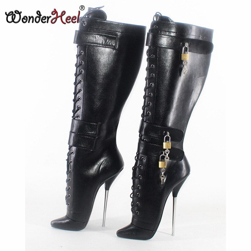 Wonderheel 2020 New 18cm stiletto heel matt leather sexy fetish Locked padlocks nightclub women knee high ballet shoes big size