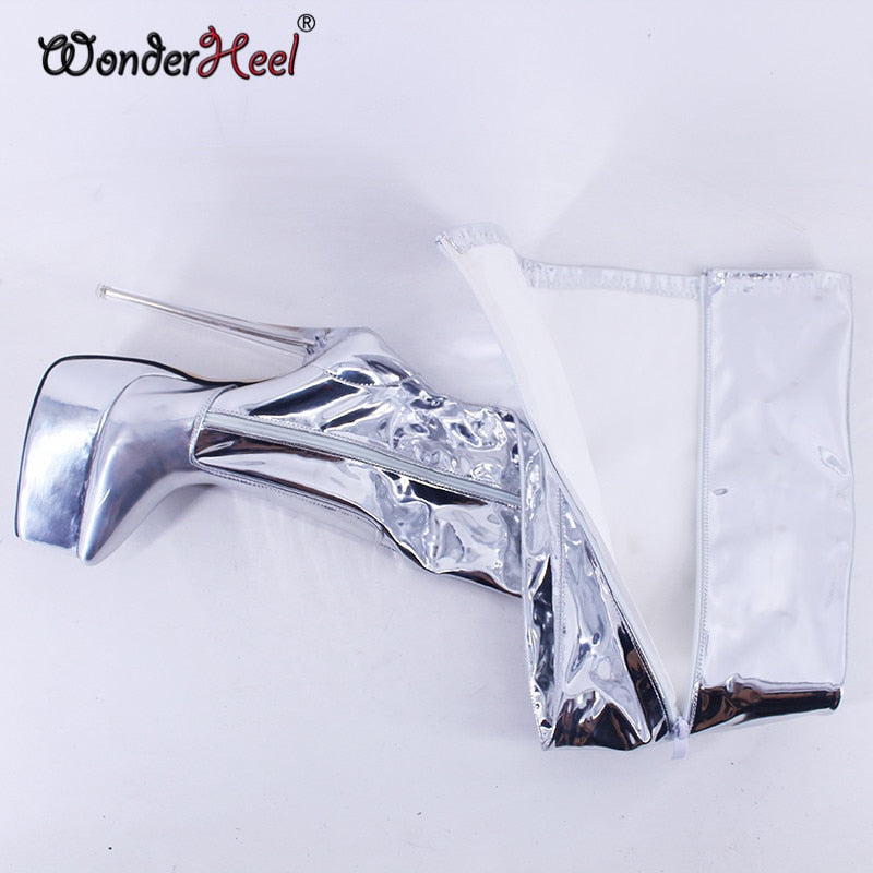 Wonderheel 2021 New 20cm Clear Heel Fetish High Heel Minor Leather Sexy Platform Over Knee Cosplay Boots Nightclub Crotch Boots