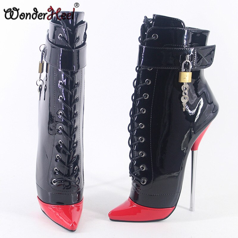 Wonderheel 2020 New 7" Stiletto Heel Patent Leather Sexy Fetish Ankle Ballet Boots Multicolour Locked Padlock Women Ballet Shoes