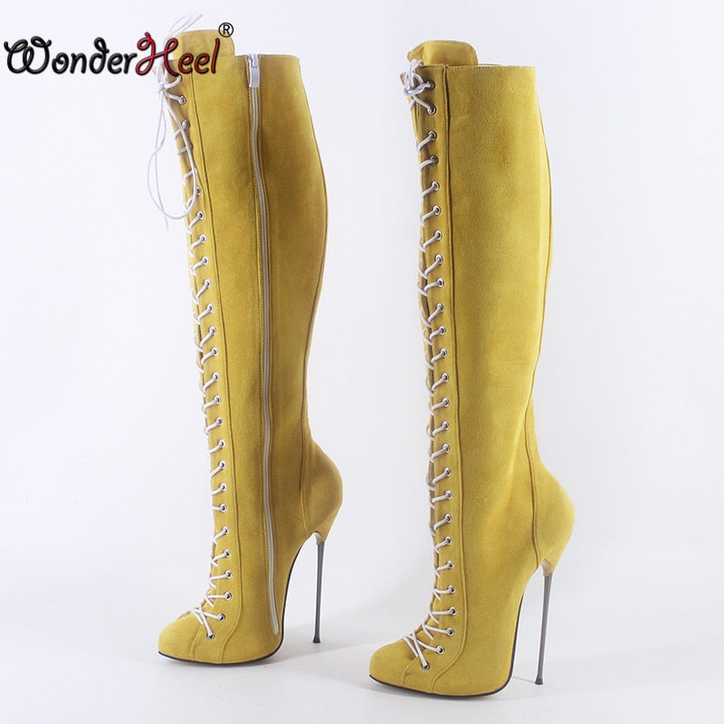 Wonderheel New 16cm Ultra Thin heel Extreme high heel Suede Leather sexy Wonder Girls Nightclub Lace Up Knee High Boots Big Size