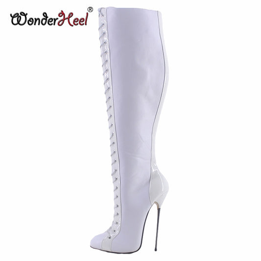 Wonderheel New 16cm Ultra Thin heel Extreme high heel Patent Matte Leather sexy Wonder Girls Nightclub Lace Up Knee High Boots