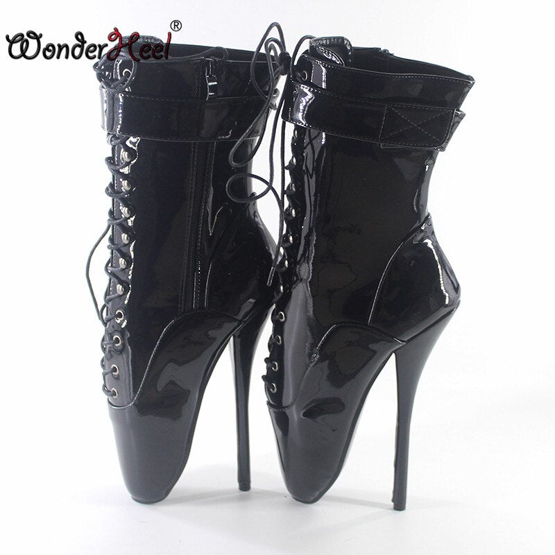 Wonderheel On Sale Hot Extreme high heel 18cm/7" Stiletto Heel sexy fetish ankle boots LACE UP Black patent sexy ballet Boots